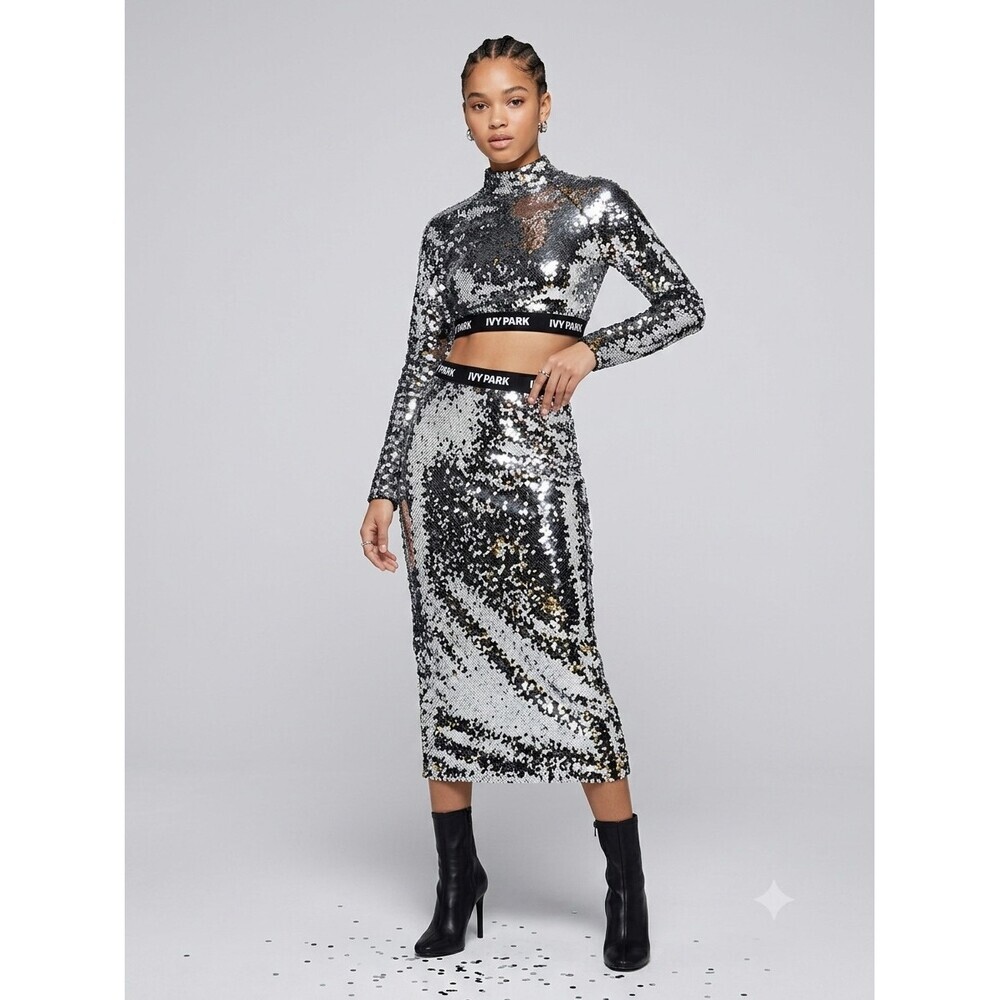 Ivy Park Small Silver Sequin Two Piece Set Crop Top Midi Skirt Beyonce
